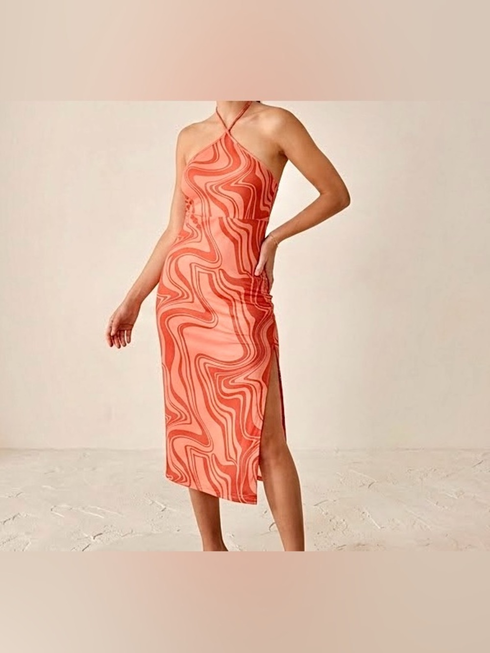 Forever 21 Coral Orange Swirl Halter Midi Dress